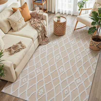 Ivory 5x7 Area Rug Moroccan Shag Living Room Washable Carpet Soft Non Shedding Neutral Boho Plush Pile Modern Large Throw Rug for Kitchen Dining Room Bedroom Office