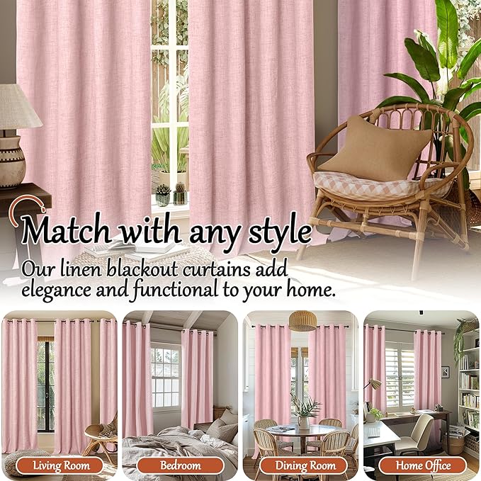 Baby Pink Linen Blackout Curtains for Nursery 63 Inch Length 2 Panels Set, Thermal Insulated Boho Total Black Out Noise Reducing Bonzer Grommets Window Curtains for Girls Bedroom, Each 60 Inch Wide