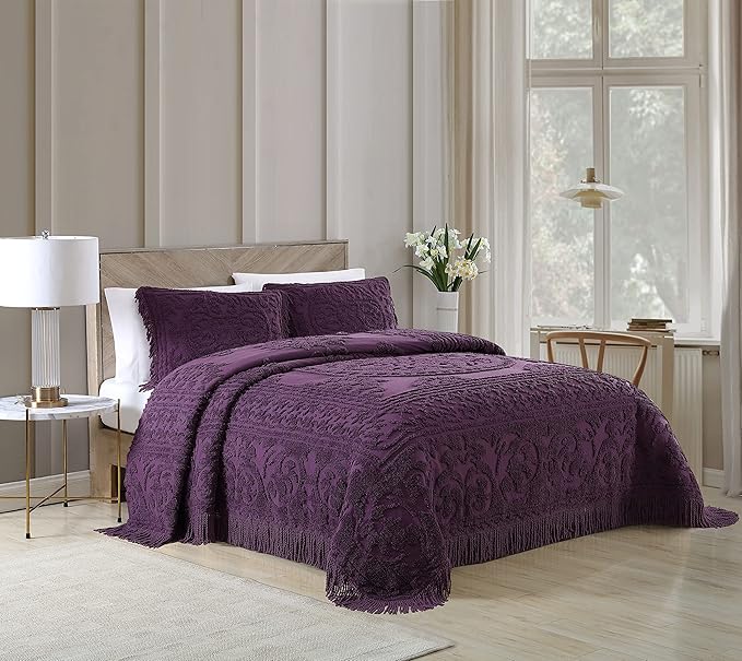 Beatrice Home Fashions Medallion Chenille Bedspread, King Sham, Eggplant