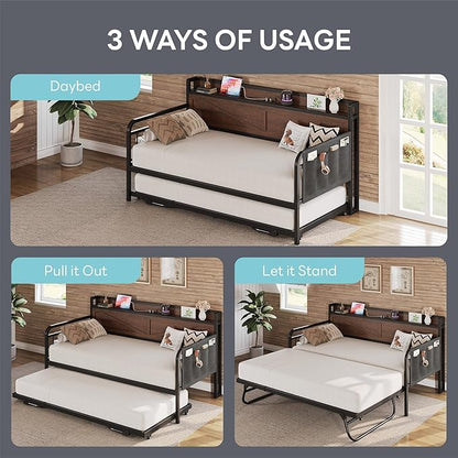 LIKIMIO Twin Daybed with Trundle Bed, Storage Headboard with Charging Station, Sofa Day Bed with Strong Supports for Living Room, Bedroom, and Guest Room, Dark Brown
