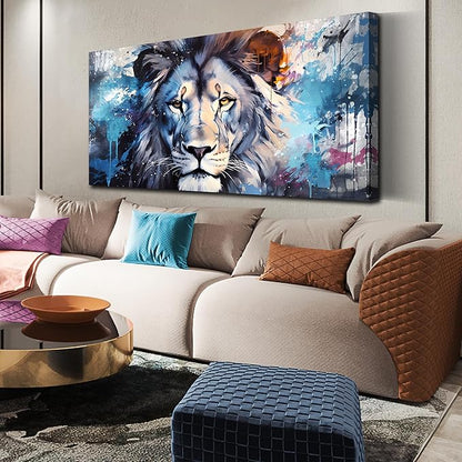 ENTANUB Large Wall Art for Living Room, Lion Canvas Print Painting for Bedroom, Blue Animal Picture Decor, Size 60x30 Inches