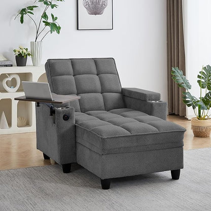 41.7" Chaise Lounge Chair Indoor, Oversized Boucle Upholstered Sofa Bed, Adjustable Backrest Deep Seat Reading Chair, Sofas Couches for Living Room with Storage, Cup Holders & 360° Swivel Side Table