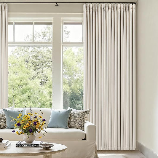 Ivory Cream Linen Blackout Curtains 112 Inches Long for Bedroom Neutral Boho Pinch Pleated 100% Black Out Room Darkening Sound Dampening Window Drapes Double Layer Soundproof 112 Inch Curtains