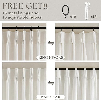 Cream Ivory Pinch Pleat Linen Short Curtains 54 Inch Long for Kitchen Pleated Hooks Rings Back Tab Light Filtering Boho Farmhouse Semi Sheer 54 Inch Curtain for Dining Room Bedroom Small Window