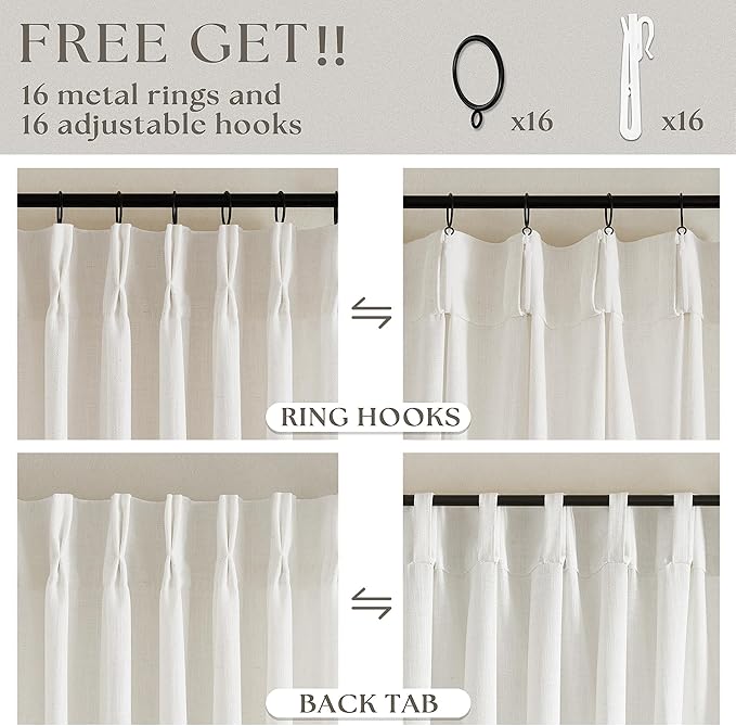 Extra Long Pinch Pleated 132 Inch Linen Curtains 2 Panels Set for High Ceiling Living Room Bedroom Memory Shaped Semi Sheer Pleat Drapes with Hooks Rings Light Filtering Natural Window Curtain 40x132