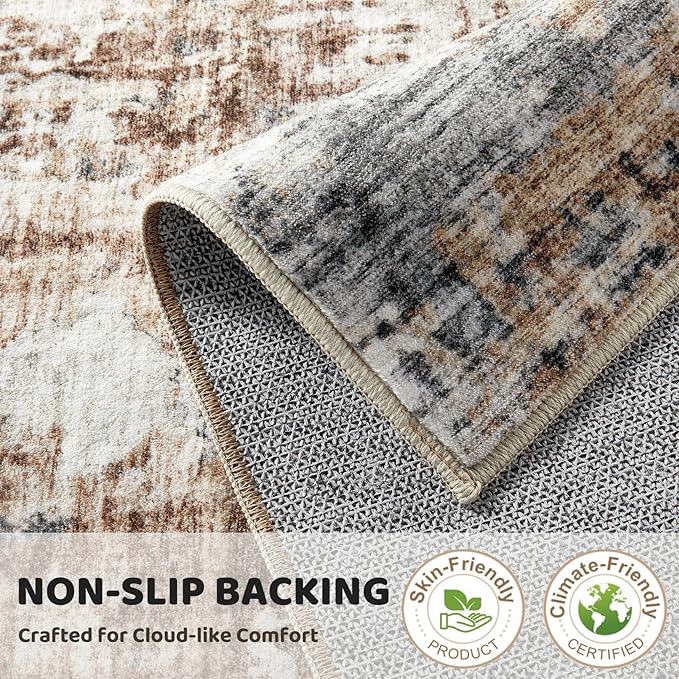 Square Area Rug Living Room Rugs - 6x6 Washable Large Soft Indoor Neutral Modern Abstract Low Pile Rug Carpet for Bedroom Dining Room Farmhouse Home Office - Grey Brown