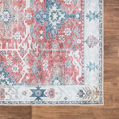Bloom Rugs Washable Non-Slip 12 ft Runner - Red/Blue Traditional Runner for Entryway, Hallway, Bathroom, and Kitchen - Exact Size: 2.5' x 12'