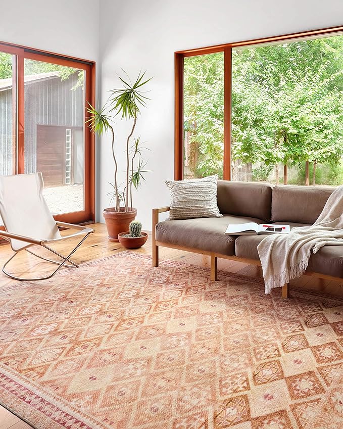 Loloi Layla Collection LAY-16 Natural/Spice 2'-6" x 9'-6" .13" Thick Runner Rug, Soft, Durable, Vintage Inspired, Distressed, Low Pile, Non-Shedding, Easy Clean, Printed, Living Room Rug