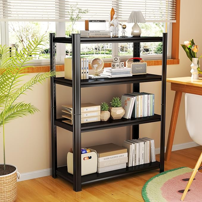 Storage Shelves, Garage Metal Shelving Unit, Adjustable, Double-Layer Column with Reinforced Ribs, Heavy-Duty, Capable of Bearing 600-3600 lbs (Black, 24 * 14 * 47, 4-Tier)