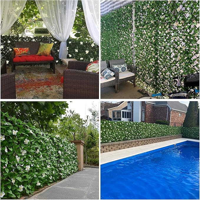 Sumery Expandable Fence Privacy Screen for Balcony Patio Outdoor,Decorative Faux Ivy Fencing Panel,Artificial Hedges (Single Sided Leaves) (2, White Flowers)