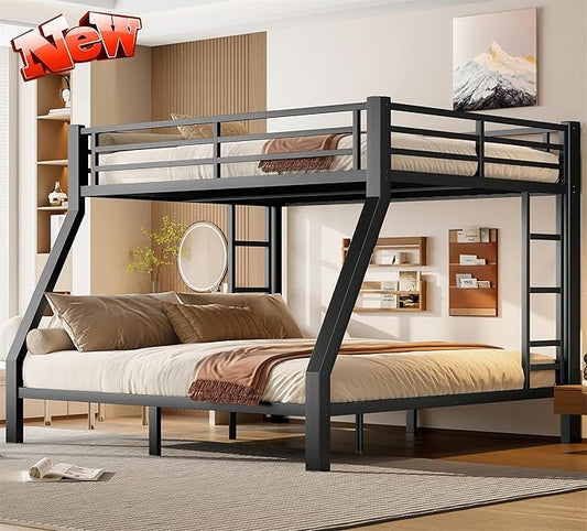 Upgraded Version Thicken Metal Queen Over King Bunk Bed, Heavy-Duty Steel King Bunk Bed, Best Modern Bunkbed King Size for Adults, Easy Assemble (Queen Over King)