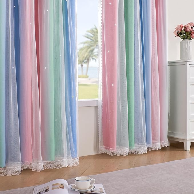 XiDi Pink & Rainbow Curtains for Kids & Girl Bedrooms - Blackout, Unicorn Wall Decals, 52x63 Inch