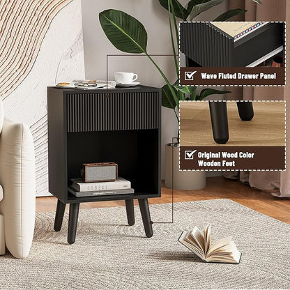 Nightstand, Modern Bedside Table with Storage Drawers and Open Wood Shelf, Night Stand with Solid Wood Legs, End Tables Side Tables for Living Room, Bedroom Black