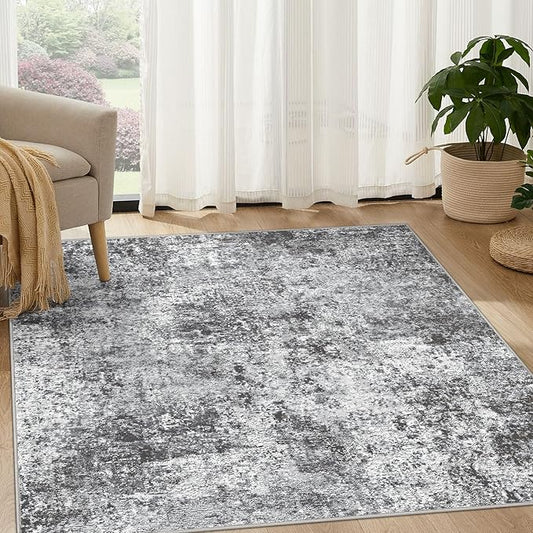 Square Area Rug Living Room Rugs - 5x5 Washable Large Soft Indoor Neutral Modern Abstract Low Pile Rug Carpet for Bedroom Dining Room Farmhouse Home Office - Grey