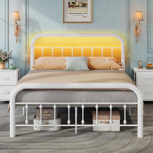 WLIVE Metal Platform Bed Frame, Queen Bed Frame with Headboard, Bed Frames with LED Lights and Charging Station, 1500LBS Mattress Foundation, Under Bed Storage, No Box Spring Needed, White