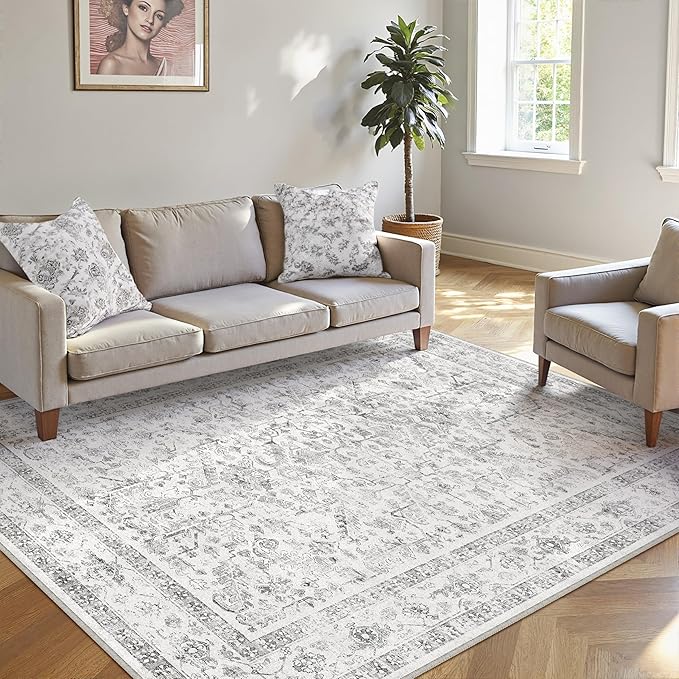 Grey 5x8 Area Rug Vintage Washable Living Room Carpet Non Slip Neutral Bedroom Indoor Office Low Pile Traditional Distressed Retro Gray Accent Rug for Dining Room Bathroom Kitchen