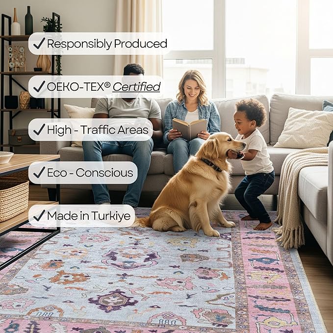 Fame Rugs Pink Beige Modern Oushak Rug 8x10, Vintage Turkish Colorful Oriental Washable Antique Inspired Large Area Rugs, Luxury Living Room Bedroom (390PP, 7'6 x 10')