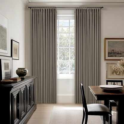 Taupe Grey Pleated Linen Blackout Curtains 80 Inches Long for Bedroom Living Room Pinch Pleat Black Out Thermal Insulated Ring Hooks Room Darkening Drapes Brownish Gray 80 Inch Curtains with Liner