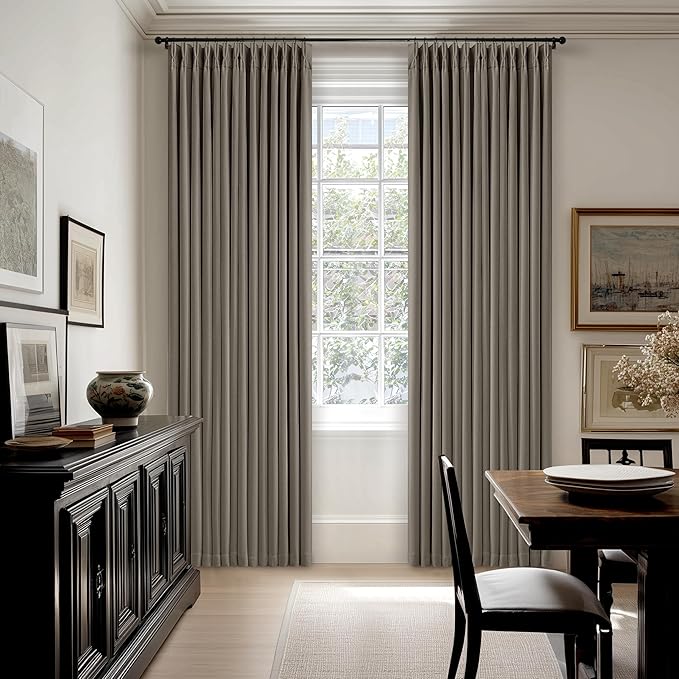 Desert Taupe Linen Blackout Pleated 86 Inch Curtains for Living Room Darkening Pinch Pleat 100% Black Out Drapes Thermal Insulated Soundproof Brownish Grey 86 Inch Curtain for Dining Bedroom
