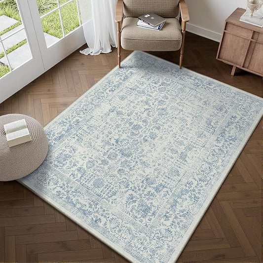Blue Area Rug 3x4 Office Entryway Rug Machine Washable Kitchen Vintage Distressed Non Slip Carpet Indoor Retro Floral Accent Throw Door Mat for Bathroom Bedroom Dining Living Room