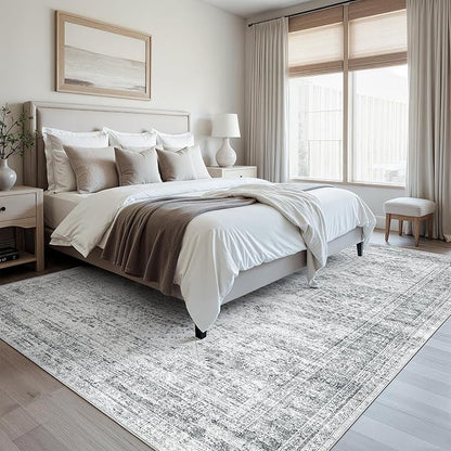 Washable Area Rug 8x10, Large Soft Rugs for Living Room Farmhouse Vintage Gray Area Rugs for Bedroom Dining Room Non-Slip Stain Resistant Under Table Rug Grey