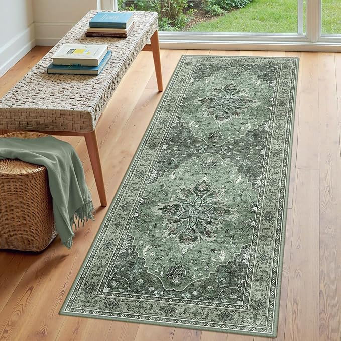 Area Rugs 3'x6' Washable Non-Slip, Floral Vintage Distress Print Pattern Medallion Carpet for Living Room Bedroom Dining Room, Dark Green Gray
