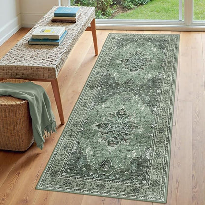 Area Rugs 3'x7' Washable Non-Slip, Floral Vintage Distress Print Pattern Medallion Carpet for Living Room Bedroom Dining Room, Dark Green Gray