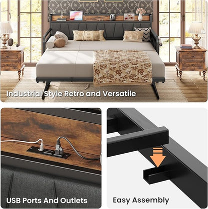 LIKIMIO Daybed with Trundle Bed, Twin XL Bed Frame with Storage Headboard and Charging Station, Sofa Day Bed with Strong Supports for Living Room, Bedroom, and Guest Room, Grey