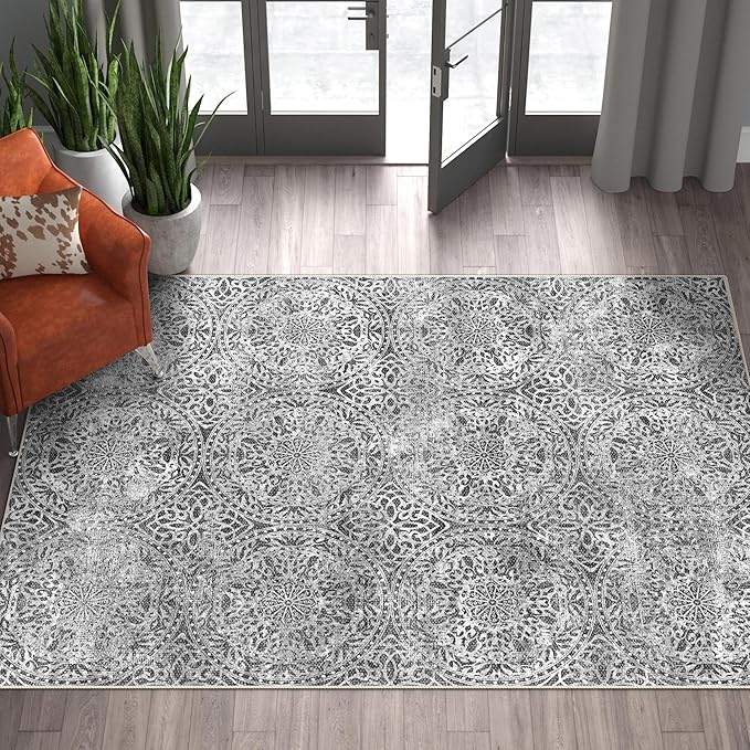 vivorug 3x5 Rug, Small Area Rug for Living Room, Bedroom, Kitchen, Machine Washable Non-Slip Throw Rug, Vintage Medallion Carpet for Entryway Nursery Coffee Table - Durable (Grey)