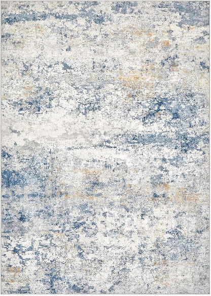 Area Rug Living Room Rugs - 9x12 Abstract Large Soft Indoor Washable Rug Neutral Modern Low Pile Carpet for Bedroom Dining Room Farmhouse Home Office - Blue