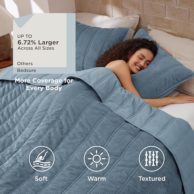 Bedsure Luxury Velvet Quilt Queen Size - Lightweight Velvet Blue Fluffy Comforter Set, Oversized Corduroy Bedspread Coverlet Winter Bedding Set, Pet-Friendly, Tear-Resistant, Ultra-Soft, 90"x96"