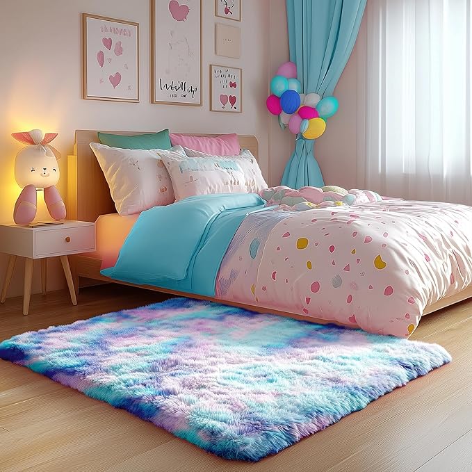 PAGISOFE Cute Furry Pastel Rug for Girls Bedroom, Soft Shag Rainbow Purple Tent Rugs for Livingroom, Kids Room, Playroom Nursery Home Decor, Plush Mermaid Kawaii Rug Fluffy Fuzzy Carpet 4x6 Area Rug