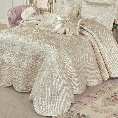 Touch of Class Portia Luxury Bedding | Soft Pearl | Premier Quilted Polyester Satin | Romantic Hand Guided Machine Quilted Scroll Design 3 Piece Set: King Oversized Bedspread and 2 King Shams