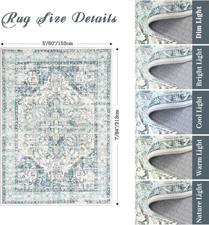 zesthome 5x7 Washable Rug-Stain Resistant Area Rugs for Living Room, Ultra-Thin Vintage Rugs, Non-Slip Backing Rug, Low Pile Large Area Rug, Boho Home Decor