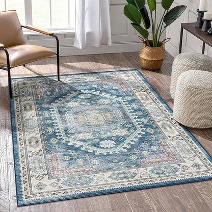 vivorug 9x12 Area Rugs for Living Room, Non Slip Machine Washable Vintage Rug, Ultra-Thin Lightweight Large Area Rug for Bedroom, Dining Room, Low Pile Blue