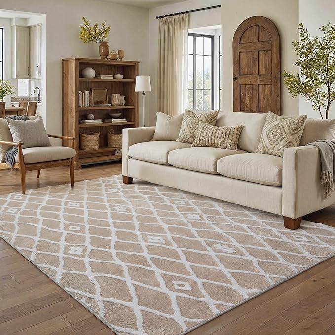 Beige 4x6 Area Rug Moroccan Shag Office Washable Carpet Soft Non Shedding Neutral Boho Doormat Plush Pile Modern Throw Rug for Entryway Kitchen Dining Room Bedroom Living Room