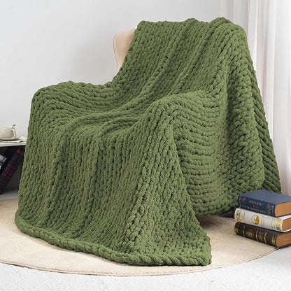 Chunky Knit Throw Blanket 50"X 60", 100% Handmade with Soft Chenille Yarn, 4.4lbs Thick Cable Knitted Blankets, Large Rope Knot Crochet Throws for Couch Sofa Bed Home Decor, Olive Green