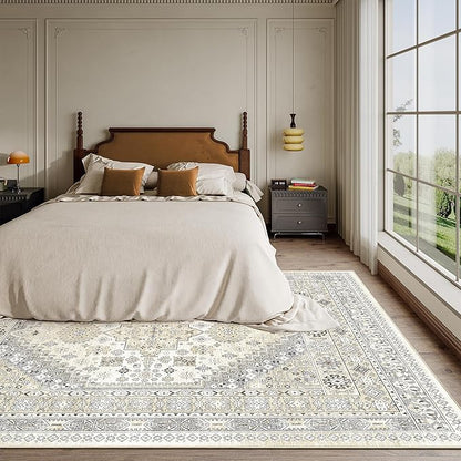 zesthome 5x7 Area Rugs - Ultra-Thin Washble Rug, Stain Resistant Anti Slip Backing Rugs for Living Room,Bedroom, Vintage Home Decor Area Rug (Beige,5'x7')