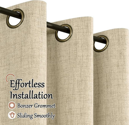 100% Blackout Curtains for Living Room 90 Inches Long 2 Panels, Faux Linen Textured Floor Length Thermal Insulated Bronze Grommet Boho Window Energy Save Drapes, Each 52" Wide, Burlap