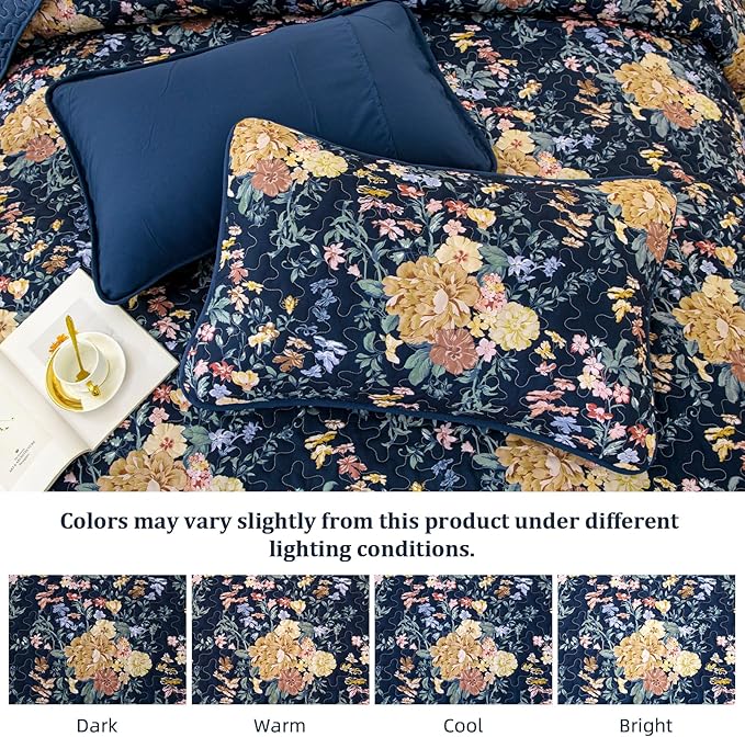 WONGS BEDDING Quilt King Size, Navy Blue Quilt Bedding Set with 2 Pillowcases, Botanical Quilt for King Bed, Soft Microfiber Lightweight Coverlet Bedspread for All Season (110"×90", 3 Pieces)