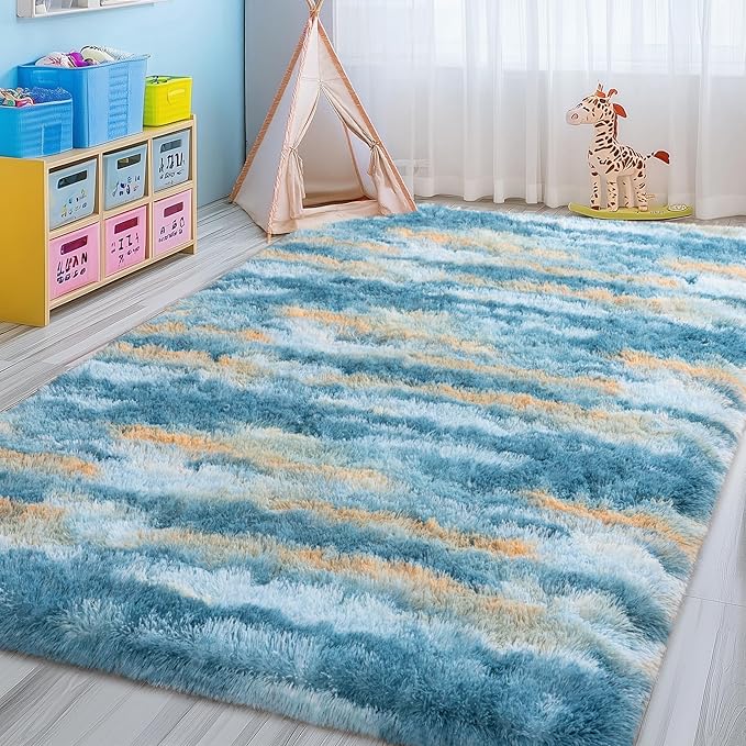 Blue Rugs for Bedroom, 4x6 Fluffy Fuzzy Modern Indoor Floor Rugs for Living Room, Soft Non-Slip Plush Shag Rug for Dorm Kids Room Home Decor, Blue Abstract