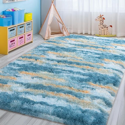 Fluffy Rugs for Living Room, 6x9 Feet Abstract Blue Large Shag Area Rugs for Bedroom, Non-Slip Indoor Modern Fuzzy Plush Floor Carpet for Dorm Nursery Kids Room Decor, Soft Shaggy Throw Rug