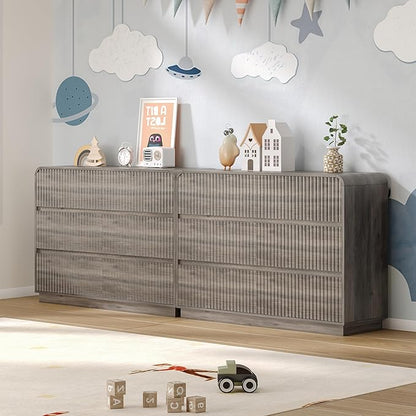Dresser for Bedroom with 6 Drawers, Fluted Chest of Drawers with Round Curved Corner, Hidden Handles, Modern Wood Storage Organizer for Bedroom, Nursery, Living Room