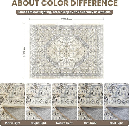 zesthome 7x9 Area Rug, Super Soft Washable Rugs for Living Room, Non-Slip Stain Resistant Vintage Rugs, Ultra-Thin Large Area Rugs (Beige,7'x9')