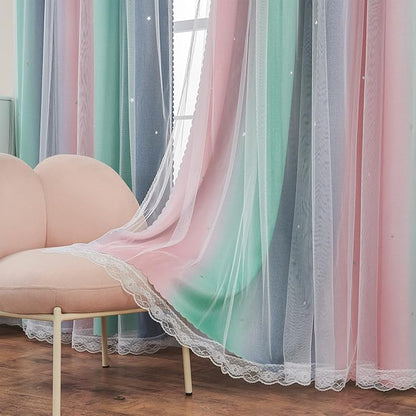XiDi Curtains for Bedroom Decor, Rainbow Pinkgreen grey34/54