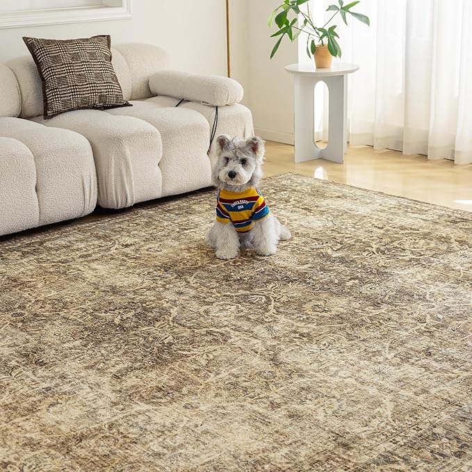 FMFUNCTEX 10x12 Washable Area Rug Brown Vintage Neutral Distressed Large Non Slip Carpet for Living Room Bedroom Soft Low Pile Indoor Mat Retro Floral Throw Rug for Dining Room Kitchen Office Nursery