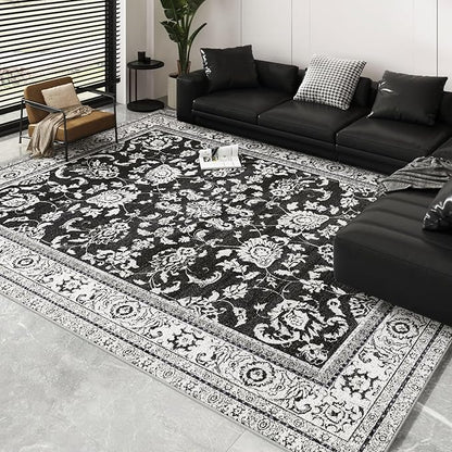 Machine Washable Area Rugs, Vintage Soft Rugs for Living Room Non Slip Large Area Rug 6x9 Carpet for Bedroom Under Bed/Dining Table Home Office | Black White