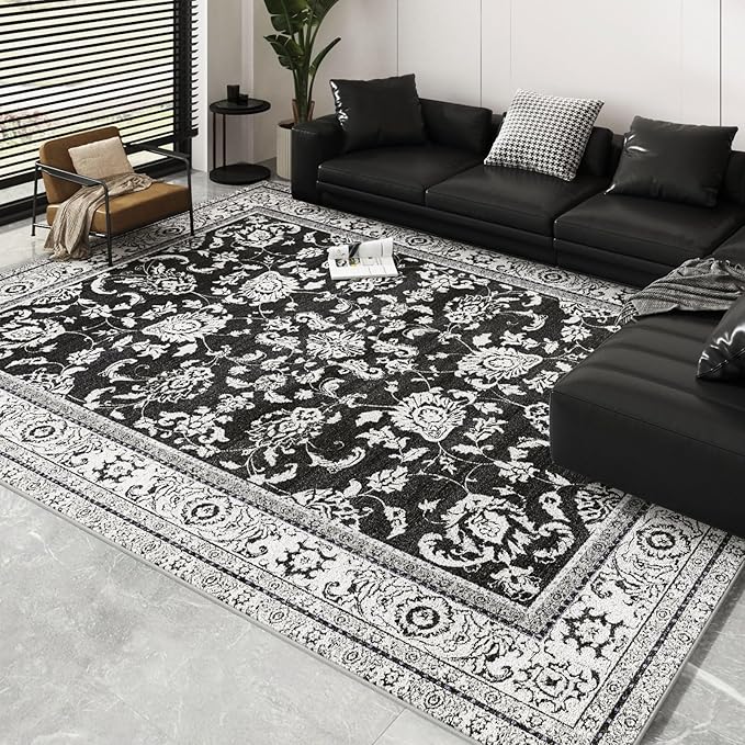 Area Rugs 5x7 Machine Washable Floral Rug Non Silp Faux Wool Vintage Soft Black Carpet for Living Room Dinning Room Bedroom Rug Under Bed Floor | Black White