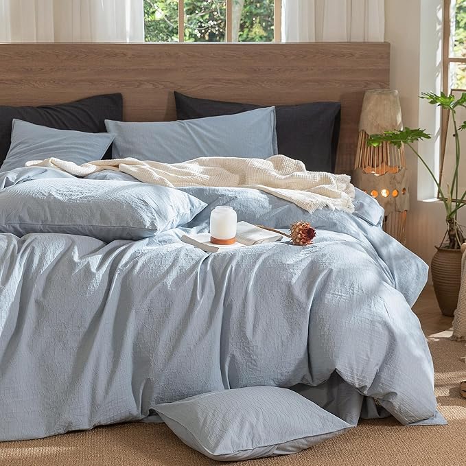 MooMee Wavy Striped Duvet Cover Set 100% Washed Cotton Linen Like Textured Breathable Durable Soft Comfy (Cornflower Blue, Oversized Queen 98"x98")