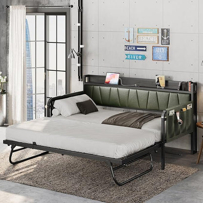 LIKIMIO Daybed with Trundle Bed, Twin Bed Frame with Storage Headboard and Charging Station, Sofa Day Bed with Strong Supports for Living Room, Bedroom, and Guest Room, Dark Green